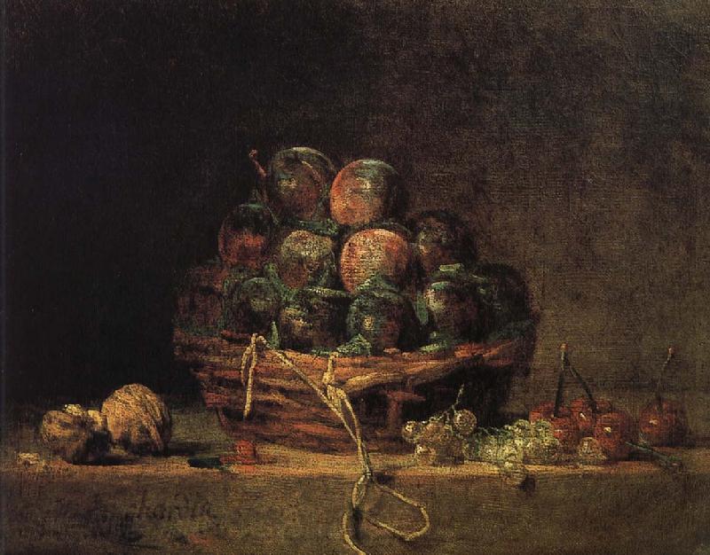 Jean Baptiste Simeon Chardin Walnut and fitted with a basket of plums cherry red millet vinegar France oil painting art